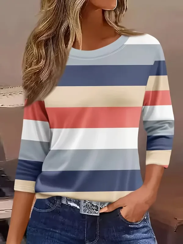 Women Casual Striped Print Sleeve T Shirt